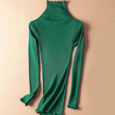 SuyaDream, женские одноцветные пуловеры с высоким воротом, 80% шелк, 20% хлопок, облегающие свитера в рубчик,, осень, зима, облегающая трикотажная одежда - Цвет: Forest Green