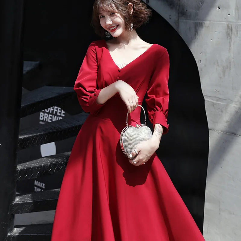 

the bride take married women to wear at ordinary times long temperament little recalls in wine red dress skirt qiu dong