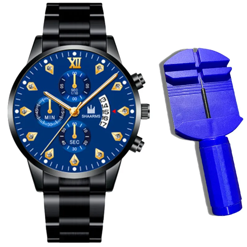 2021 Luxury Brand SHAARMS Alloy Strap Men's Watch Diamond Waterproof Quartz Watch for Men's Analog Three-eye Calendar Male Clock 
