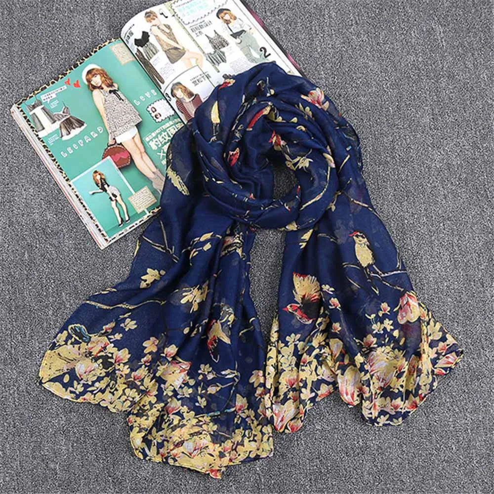 Роскошный Ретро Шелковый атласный шарф на шею, винтажные Большие шали с цветочным принтом, элегантный женский длинный шарф с принтом, теплая шаль