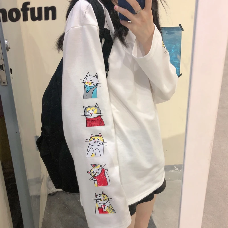 Новинка; сезон весна-осень; roupas; корейская модная брендовая женская одежда; хипстерские повседневные стильные футболки с принтом; свободные Простые Топы с длинными рукавами