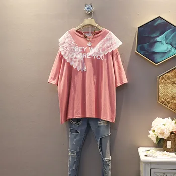 

[EWQ] 2020 Spring Autumn New Pattern Round Short Sleeve Lace Patchwork Letter Print Pullovers Casual T-shirt Women 3AK00411