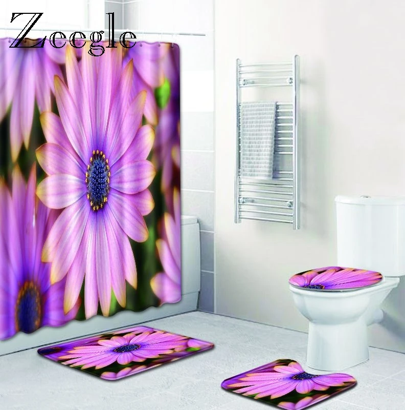 Zeegle 3D Flower Bath Mat Set and Shower Curtain Toilet Cover Seat Bath Mat Pad Bath Curtain with Hooks Anti-slip Toilet Rug