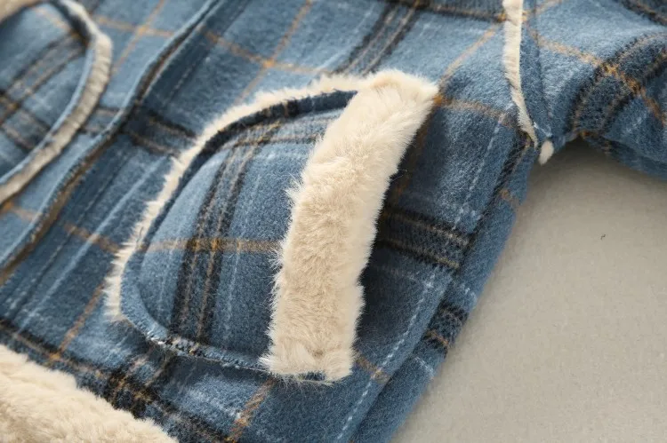 Winter Girls Hooded Clothes Plus Velvet Thick Korean Baby Thick Fur Collar Plaid Warm Jacket Baby Boy Jacket