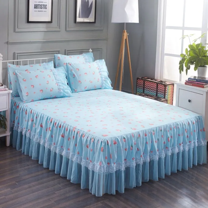 1pc Bed Skirt+2pcs Pillowcases Bedding Set Romantic Lace Bed Skirt Set Ruffle Soft Fitted Bed Sheet Queen King Size Bed Skirt