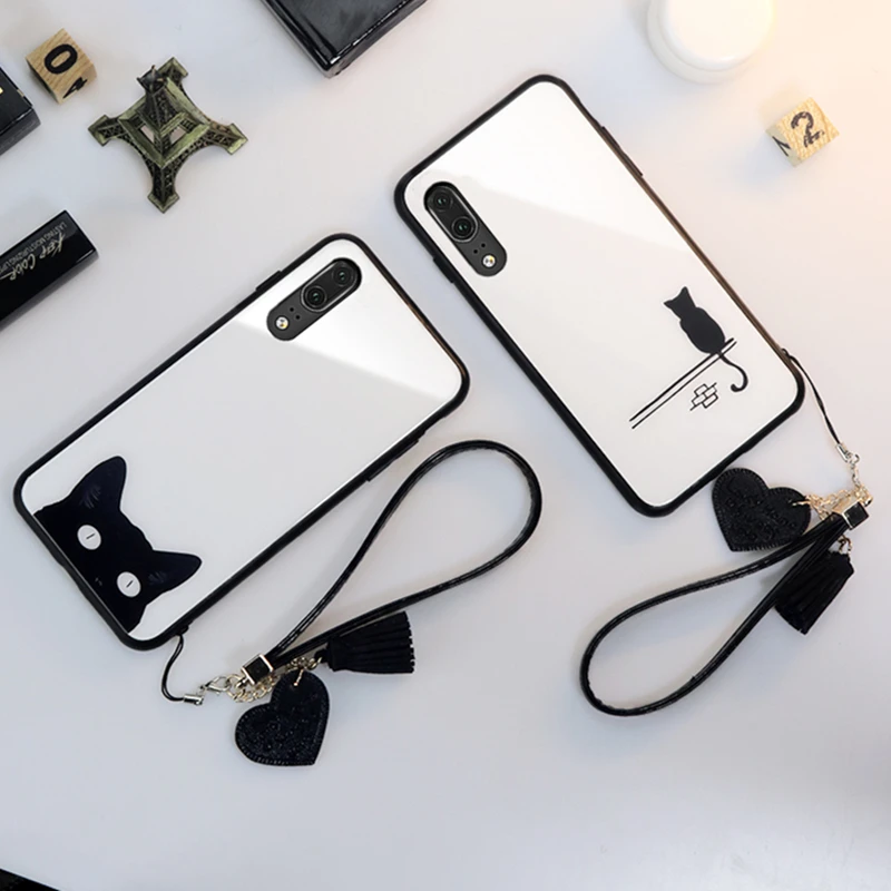 

Strap & Case For Samsung Galaxy M60S M80S Note 10 Lite Simple Cartoon cat Hard Glass back silicone Cover For Samsung m30s s10