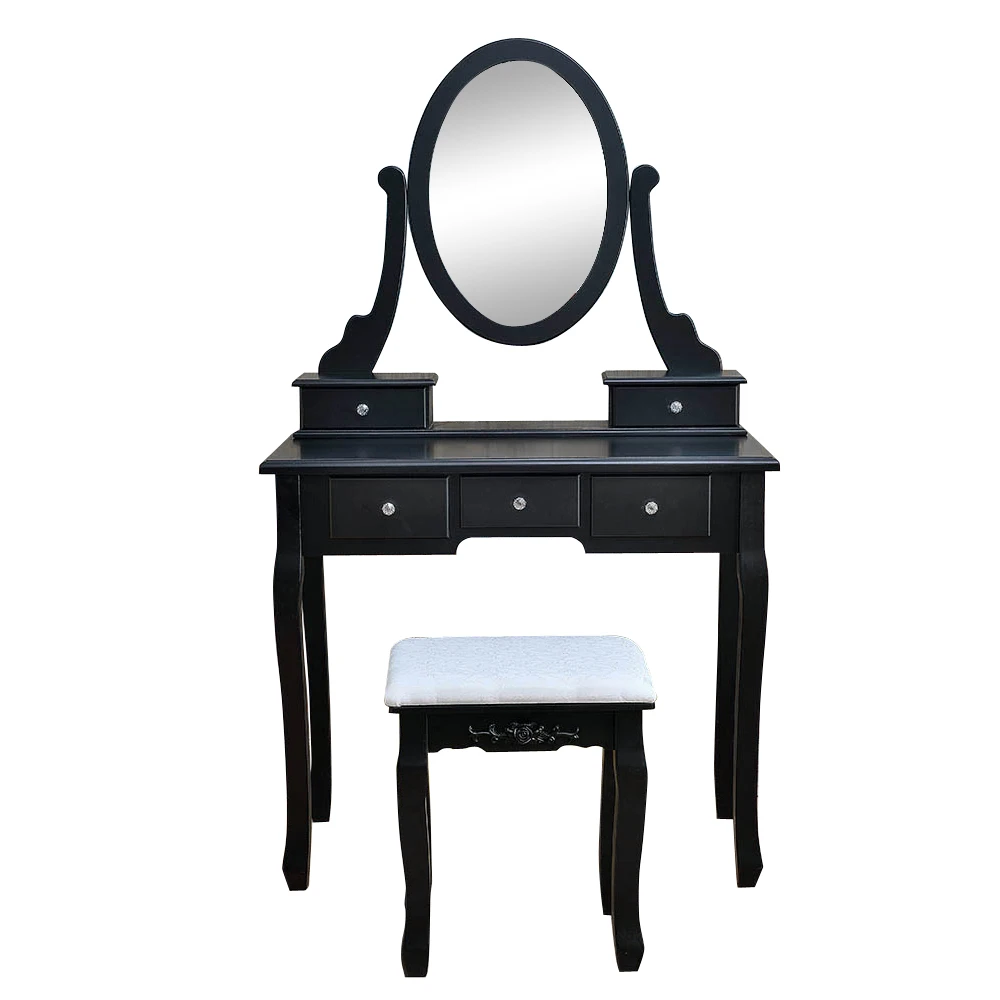 360 Rotation Single Mirror 5 Drawers Dressing Table Black Fashion