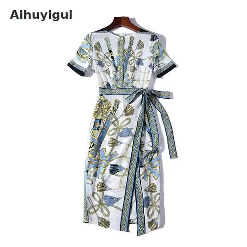 

Aihuyigui Summer Vintage Short Sleeve Printed Office Dress Women Sexy O-neck High Waist Lace-up Split Bodycon Dress Mujer Dr690