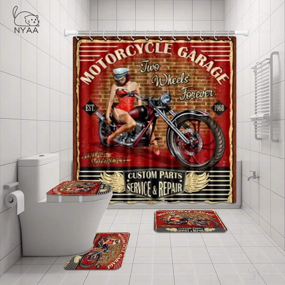 NYAA 4 Pcs Motorcycle Shower Curtain Pedestal Rug Lid Toilet Cover Mat Bath Set For Bathroom Decor | Дом и сад
