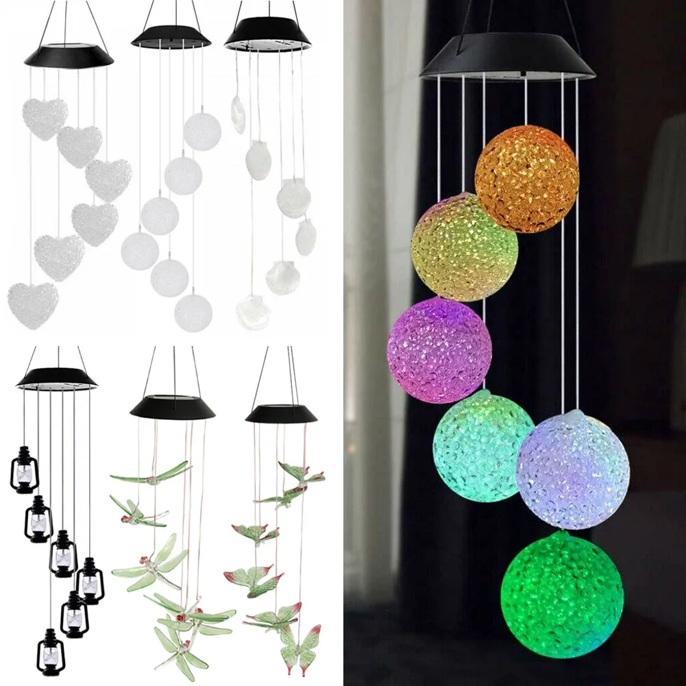 

Solar Powered Color Changing LED Wind Chimes Light Butterfly Heart Ball Dragonfly Shape Yard Home Garden Hanging Lamp Decoration