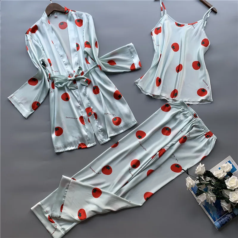 picture color MECHCITIZ, осенняя сексуальная одежда для сна, женские пижамные комплекты, шелковая пижама, женские зимние платья Брюки, 3 шт., атласная пижама, домашняя одежда, нижнее белье - Цвет: picture color