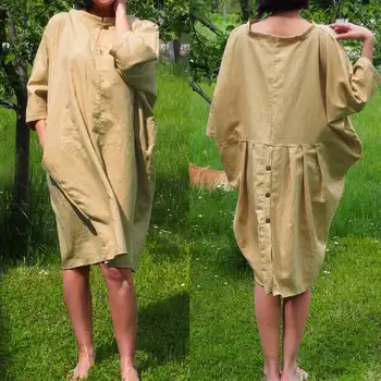 

Cotton Linen Solid Pockets Midi Dress Women Celmia Casual Batwing Sleeve Buttons Loose Summer Dress Femme Vestidos Long Tops 5XL