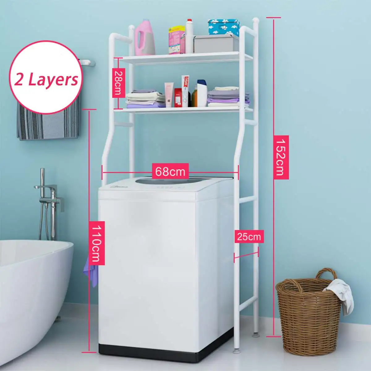  Bathroom Storage Shelf Over Toilet With Roll Holder and Hooks Kitchen Washing Machine Rack Bathroom - 4000293223419