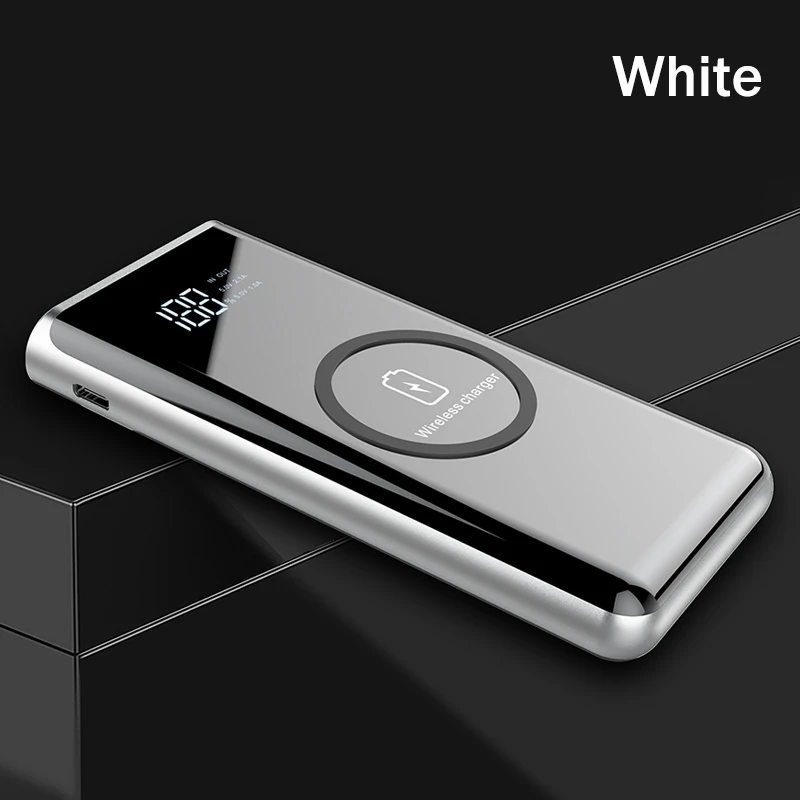 White YKZ, беспроводное зарядное устройство, внешний аккумулятор, 10000 мА/ч, светодиодный дисплей, портативный внешний аккумулятор, светодиодный фонарик, внешняя батарея для iPhone, samsung - Цвет: White