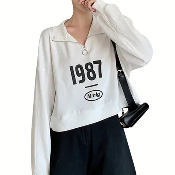 

Spring Autumn Thin Section Short High Collar Zipper Number Print Clothes Women O-Neck Thin Top