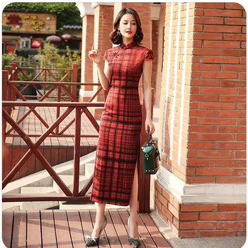 

Plus Size 3XL Women Traditional Vintage Green Plaid Mandarin Collar Long Cheongsam Short Sleeve Summer Sexy Dress Vestidos