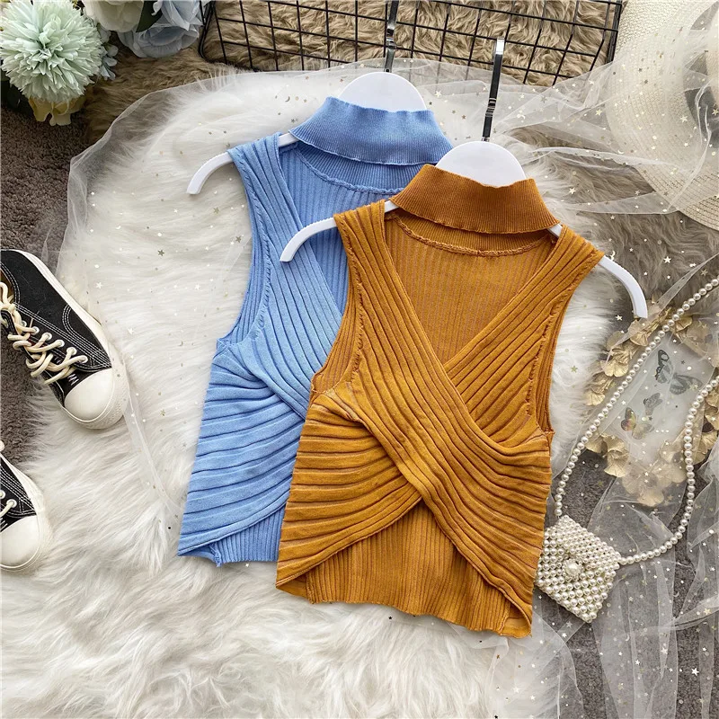 Модные сексуальные вязанные топы без рукавов новинка весны 2020 Женская