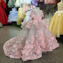 Vestido infantil feminino com aplique flores, vestido de aniversário infantil feito sob encomenda com apliques flores em renda