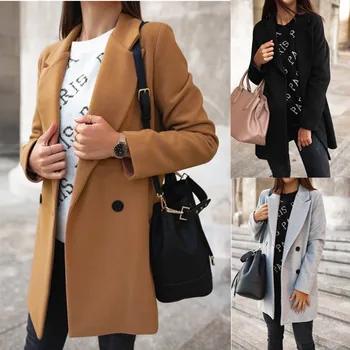 

2020 Autumn Winter Women Suit Plus Size S-5XLTop Casual Long Sleeve Double-Row Button Suit Collar Woolen Women Coat
