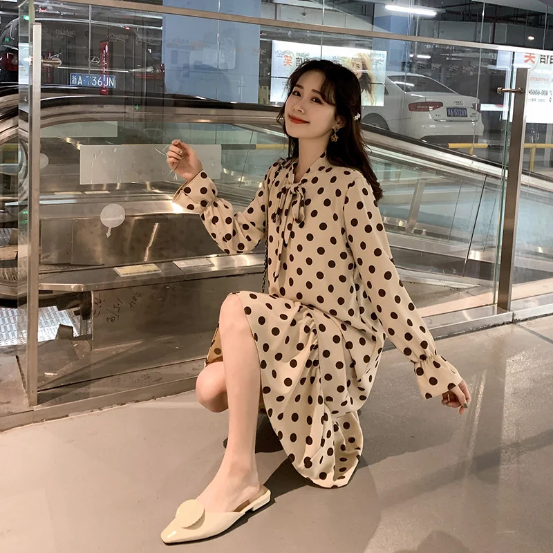 

Pregnant Women Spring Long Sleeve Bow Collar Chiffon Dress Plus Size Maternity Polka Dot Trumpet Dress Sweet Loose Mermaid Dress