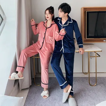 

Autumn Winter Island Fleece Loose Young Lover Pajamas Men Women Couple Long Sleeve Pijama Set Warm Sleepwear Top+ Pant Suit