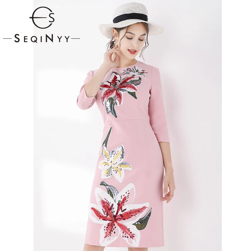 

SEQINYY Sweat Dress 2020 Autumn Spring New Fashion Design Women Half Sleeve Romantic Lily Flowers Bead Sheath Knee Dress