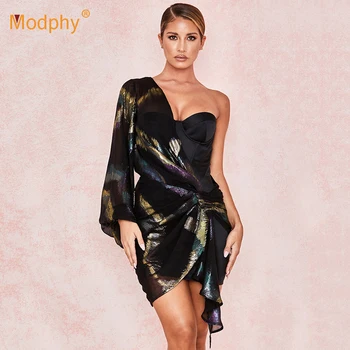 

2020 Irregular Neck Print Long Sleeve One Shoulder Women Mini Dress Patchwork Sexy Bodycon Mini Evening Party Female Vestidos