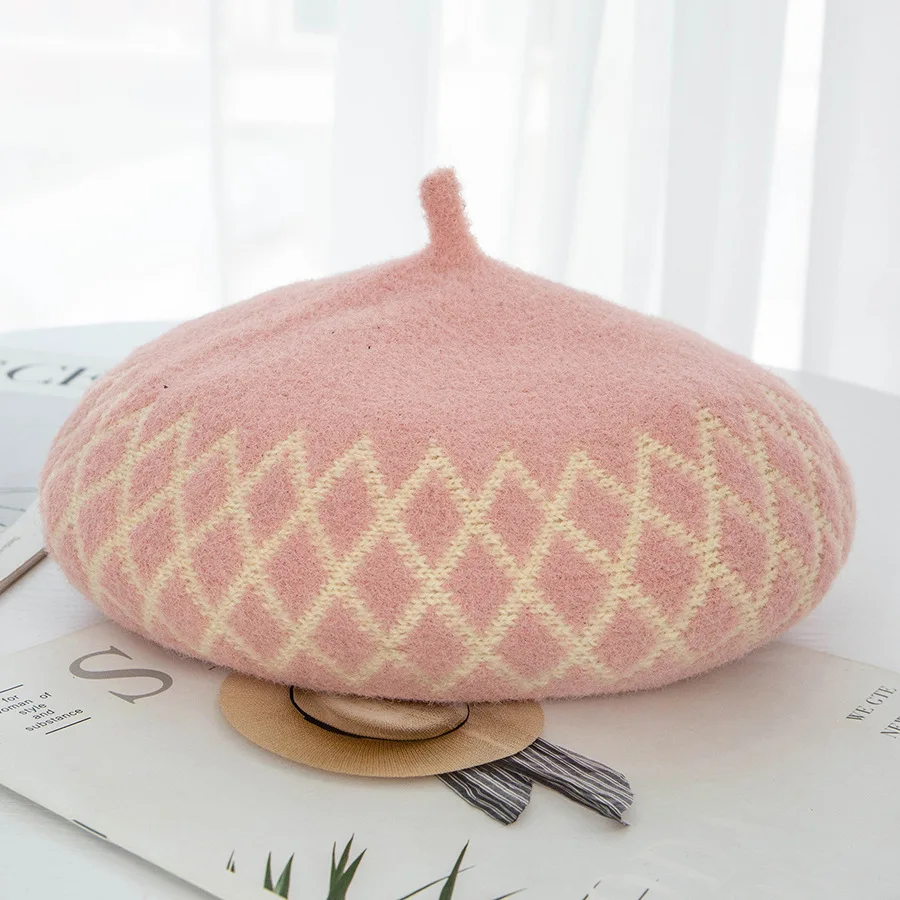 Осенне-зимние женские шерстяные береты в ромбовидную клетку, шапка бини, элегантная клетчатая кепка, женская кепка, теплая прогулочная шапка, подарок - Цвет: Pink