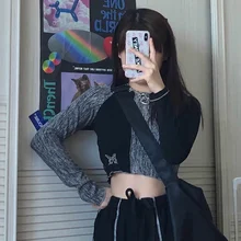 

Torticollis Stitching Short Long-sleeved Women's Tshirts Korea Butterfly Embroidery Harajuku Y2k Off-shoulder Top Gothic T-shirt