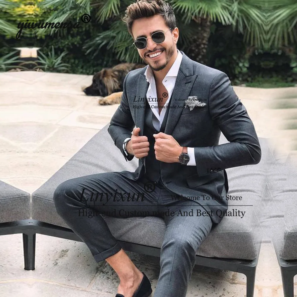 

Grey Men Suits For Wedding trajes para hombre suits men 2019 Custom Made 3 Pieces Jacket+vest+Pants Prom Party Gowns Suit Man