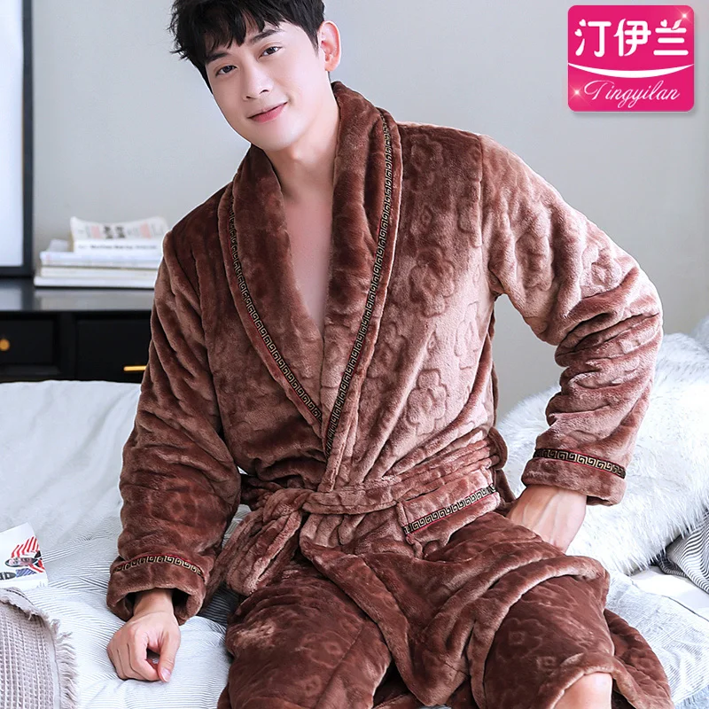 mens fleece pajama pants Men Winter Warm Flannel Robe Nightwear Thick Kimono Bathrobe Male Printed Flowers Sleepwear Home Soft Coral Fleece Dressing Gown men's pajama sets Men's Sleep & Lounge