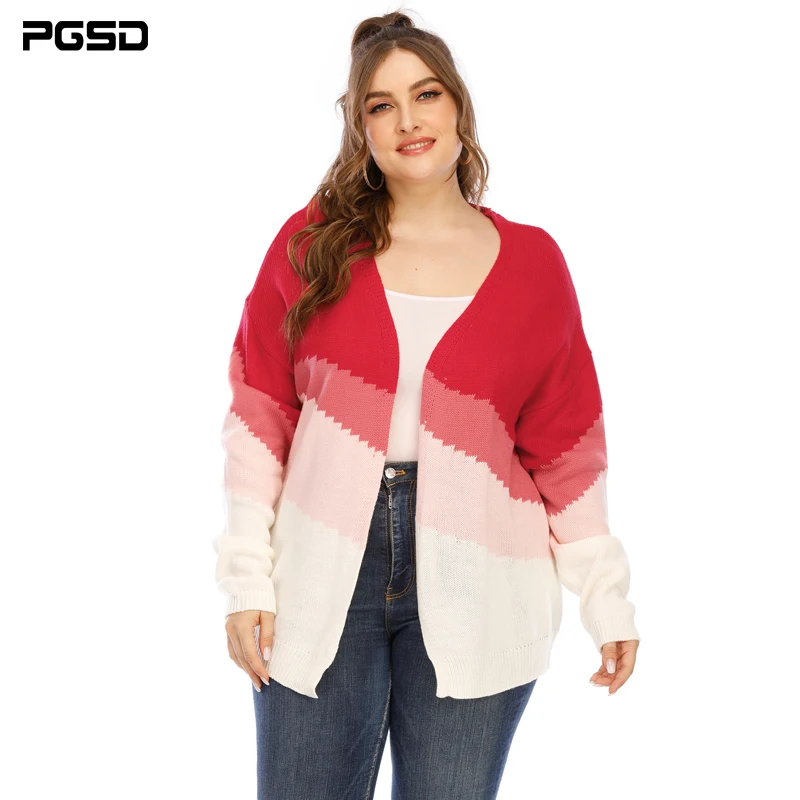 

PGSD New 2020 Autumn Winter Plus Size Women Knitted Cardigan Female Sweet Long Sleeve Pink red white Stripe Women's Coat Top