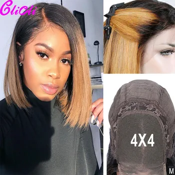

1B 27 Ombre Honey Blonde Lace Closure Wigs Straight Short Bob Human Hair Wigs Remy Brazilian 4x4 Closure Wig Pre plucked 150%
