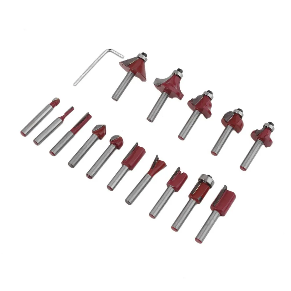 1/4(6.35mm) 15pcs Carbide Shank Wood Router Set Woodworking Cutter Trimming Knife Forming Milling Cutter Pack In Wood Case