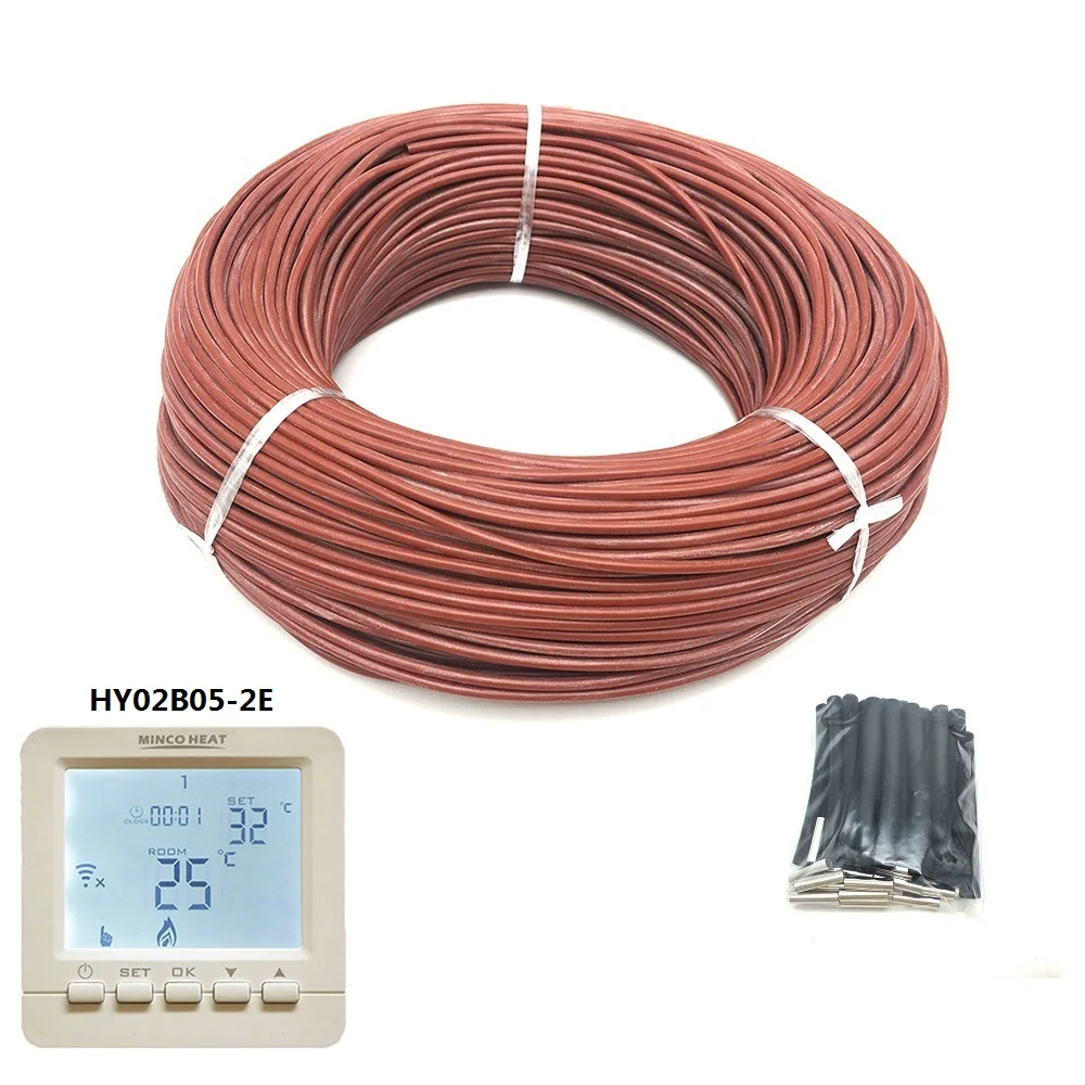100m with HY02B05-2E 100 м Инфракрасный нагревательный кабель 12K 33 Ом/м силиконовый нагревательный провод из углеродного волокна для теплого пола с терморегулятором термостат - Цвет: 100m with HY02B05-2E