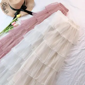 

Yfashion Female Korean Style Mesh Skirt Gauze Tiered Skirts Solid Color High Waist Women Clothes Summer Sweet Fringed Skirt