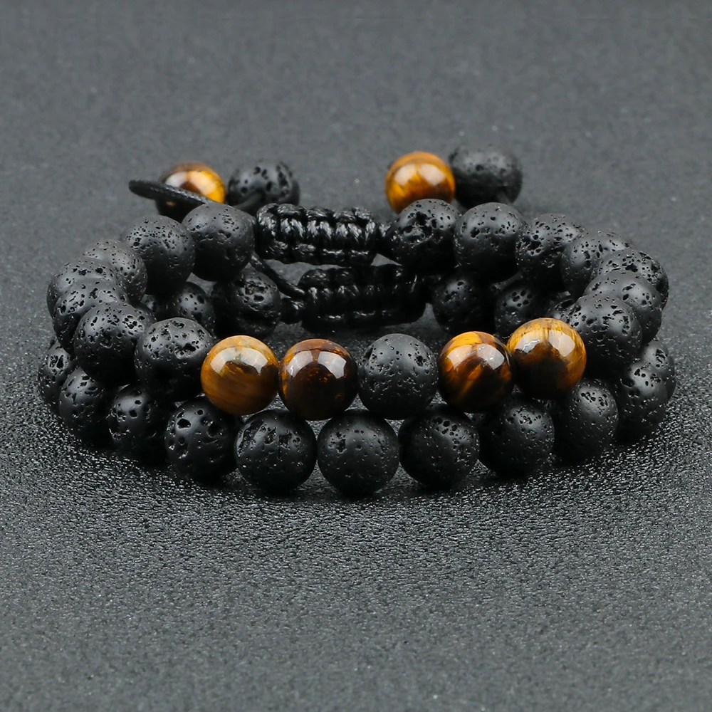 Stone Bead Bracelet 2Pcs Adjustable Braided Natural Stone Beads Bracelets for Couples Women Men Tiger Eye Lava Bracelet Yoga Jewelry