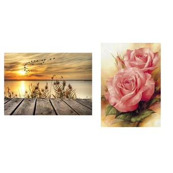

2 Set DIY Crystal Full Diamond Diamond Painting 3D Cross Stitch Kit Round Rhinestone Peony Flower & Sunset Scenery