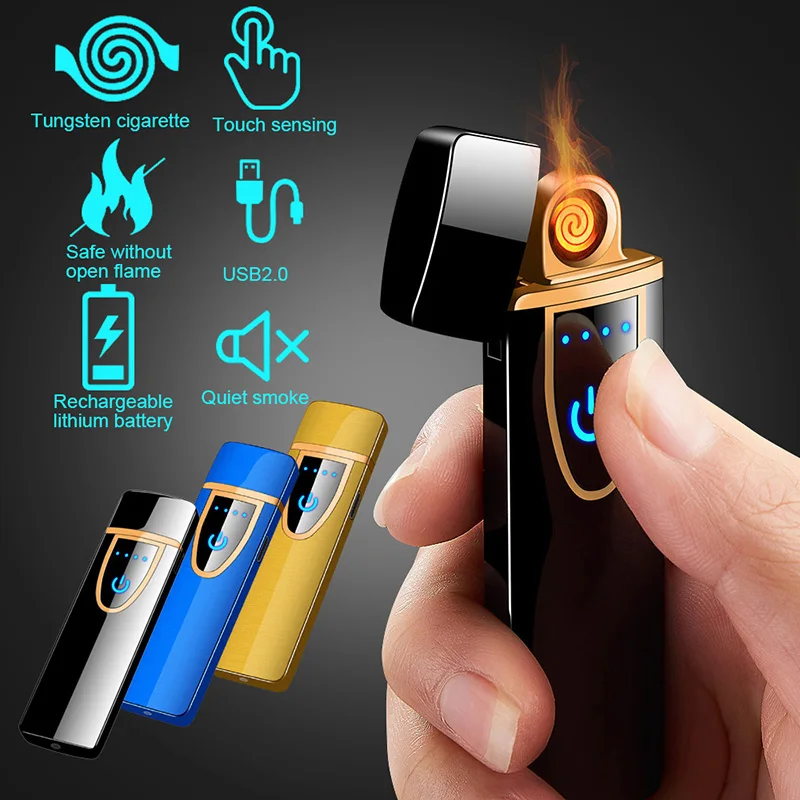Blue Touch Ignition Electric Lighter USB Rechargeable Electronic Lighter with Power Indicator Ultra Thin Windproof Flameless Touch USB Lighter