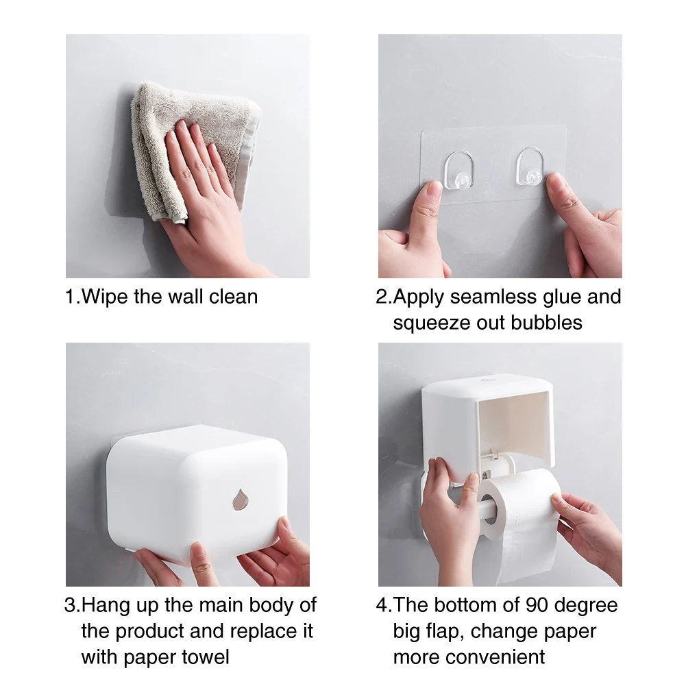 Wall Mounted Home Self Adhesive Accessories Dispenser Box With Cover Shelf Roll Paper Holder Bathroom Toilet Waterproof Tissue