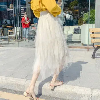 

Autumn Women's Tulle Plain Pleated Skirt 2019 New Fashion Mesh Midi Skirt High Waist Woman Irregular Ball Gown Skirts Layers