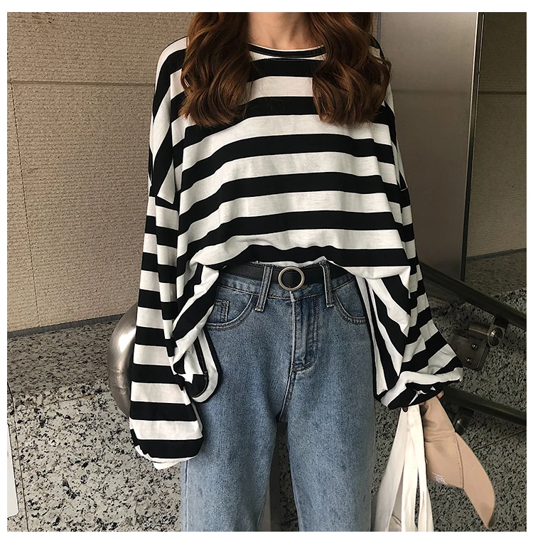 Harajuku топы mujer осень странные вещи Эстетическая корейская мода уличная полосатая футболка с длинными рукавами негабаритных друзей