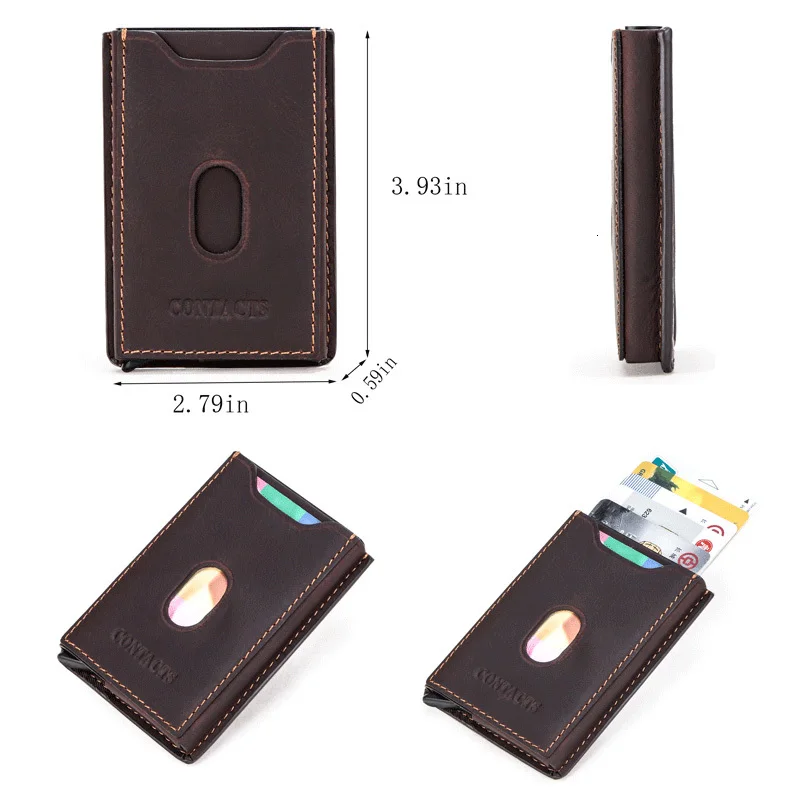 Contact's Crazy Horse Leather Rfid Credit Cardholder Carteira Business Automatic Pop Up Slim Card Wallet Rfid Box Pasjeshouder