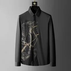 Marca de luxo strass camisa masculina manga longa magro camisas casuais negócio social formal vestido camisas streetwear outono