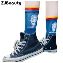 1 пара, женские хлопковые дышащие носки до середины икры с мультяшным принтом, с цветными вышитыми подарочными буквами, спортивные гетры для бега# p4