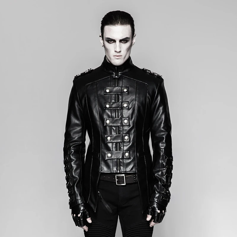 

PUNK RAVE Mens Heavy Punk Metal Military Uniform Short Coat Stand-up Collar Personnality Motocycle Mens Winter Black Jacket