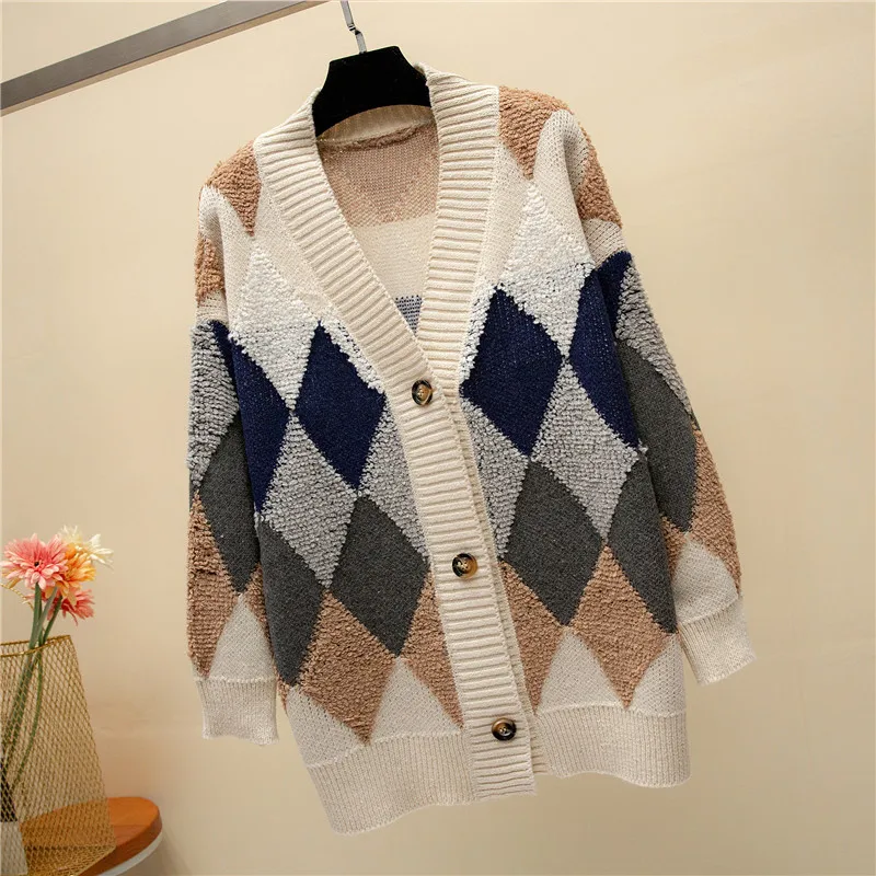 Женский винтажный клетчатый Свободный кардиган с v-образным вырезом, вязаный толстый свитер, джемпер, зимнее пальто, верхняя одежда, топы для девушек, осень, Pull Femma Q9007