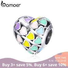 BAMOER romántico 925 Plata de Ley Arco Iris corazón Color esmalte abalorios Ajuste Original pulseras DIY joyería fabricación SCC902(China)