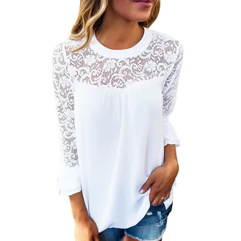 

Summer Women Top Long Sleeve Elegant White Lace Blouse Femme Hollow Out Ladies Office Shirt Transparent Cotton Blusas Mujer