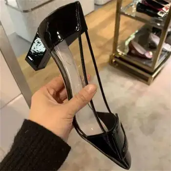 

2020 new women shoes transparent plastic black work shoes square toe women shoes's pumps square thick heel shoes women